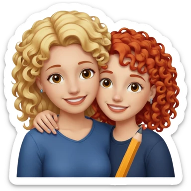 A woman with pencil straight, blonde hair and a nose piercing and a woman with curly red hair and a nose piercing are hugging and smiling together. sticker