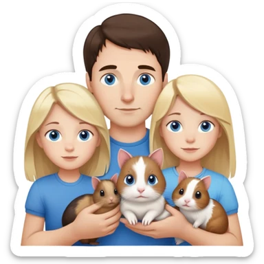 Family portrait with father with dark brown hair and blue eyes, mother with light brown hair and blue eyes, three blonde little girls with blue eyes, plus a cat and two guinea pigs sticker