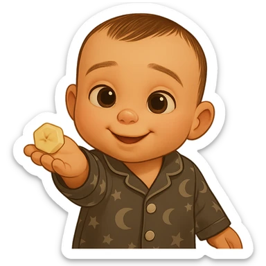 Transform the child from the reference image into a gentle 3D cartoon sticker style reminiscent of DreamWorks and Pixar, with soft 3D illustration qualities. Preserve the child's unique appearance, pose, facial expression, and the piece of banana in hand. Use softer, more natural colors matching the reference image, avoiding overly saturated tones. Remove the background, keep all details, and maintain the emotion of sharing in the image. sticker