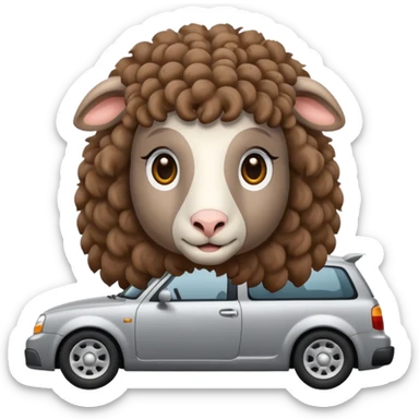 a sheep with long brown curly hair and brown eyes on a grey car sticker