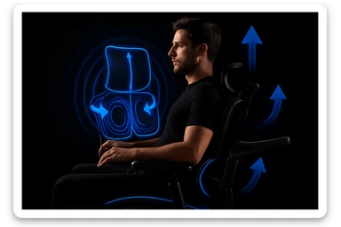 Youtube thumbnail of person using ergonomic chair, black solid background, neon light, closeup showing details of ergonomic chair  sticker