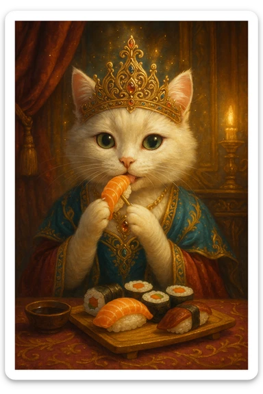 princess cat eating sushi, fantasy style, ornate crown, magical glow, luxurious setting sticker