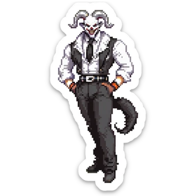 full-body muscular demonic clown in black and white leisure suit with bellbottom pants, bald, black ram horns, flashy black and white belt, ruffled white shirt, no neck tie, large fangs sticker