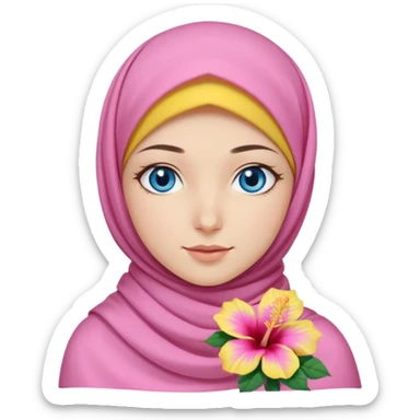 Turkish beautiful finish Konya girl blue eyes with pink yellow summer hijab islamic dress and had on her hijab hibiscus flower sticker