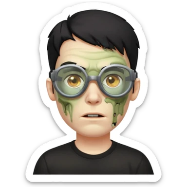 Zombie Emoji AppleIOS Style, lowfade Black Hair, Skin Goggles on right slide of The Head, and Black T-shirt sticker
