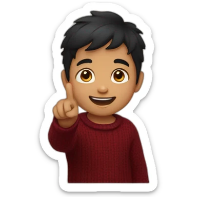 smiling and pointing 3 years old north indian with black hair wearing a dark red sweater sticker