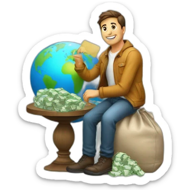 man sitting on globe with money bag sticker