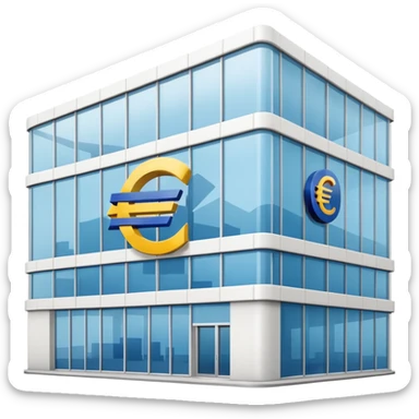 a white bank building with a large euro logo on it sticker