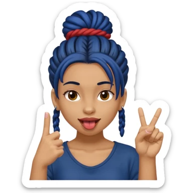 light brown girl with dark blue dreads in a bun with tongue out giving middle finger sticker