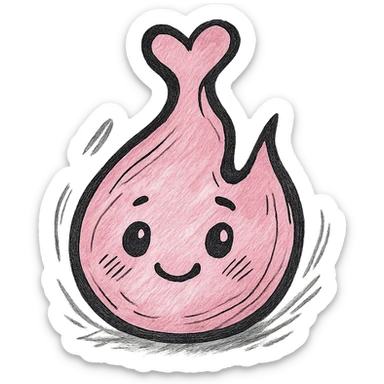 sweet cartoonish pink flame with heart-shaped tip, bold outlines, cute facial features, hand-drawn style with expressive shadows and highlights sticker