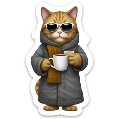 Expensive furry cat snowboarding holding a cup of coffee, sunglasses and a robe  sticker