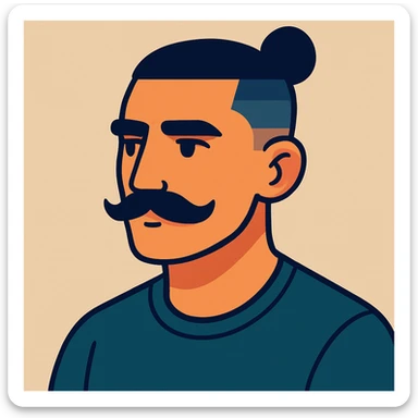 A vibrant cartoon style illustration of a guy with a moustache and a man bun, low taper fade haircut, neutral background. sticker