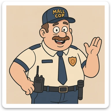 friendly and approachable mall cop, cartoon style sticker