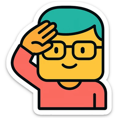 square face wearing glasses saluting, colorful outline icon style, bright colors sticker