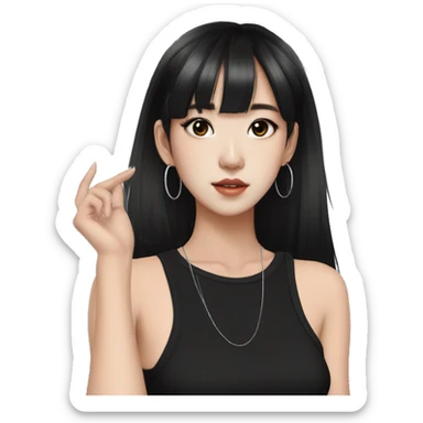 Korean girl, black tank top, black hair, black eyes, layered hair, cool girl, aesthetic, long hair, hime cut, blunt bangs, small silver hoop earrings sticker