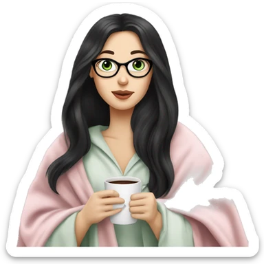 A pretty white girl with very long black hair and green eyes in a light pink blanket sipping coffee with glasses on sticker