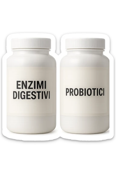 DUE BARATTOLI di integratore con la scritta "ENZIMI DIGESTIVI" E "PROBIOTICI", iperrealistico 4k sticker