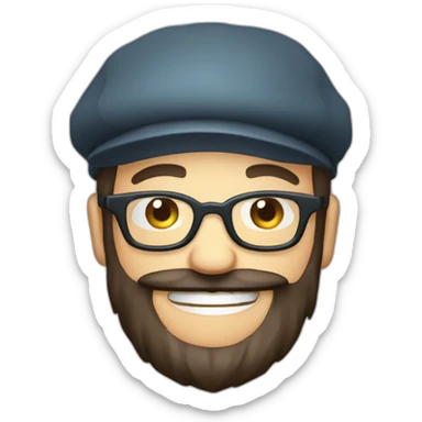 happy smile gardener face long dark beard and short dark hair with little transparent glasses and a french beret sticker