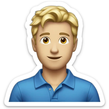 caucasian male, black scraggy hair, blue polo shirt sticker