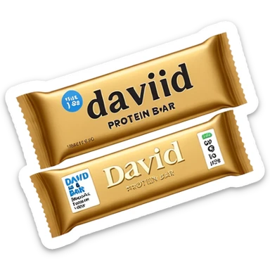 protein bar gold wrapper that says David on it in black font with a small brown box on it  sticker