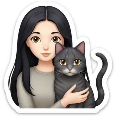 Beautiful girl with long black hair holding a gray and blonde mixed cat sticker