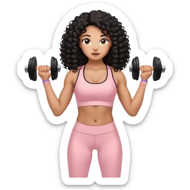 Mixed-race athletic woman with bronzed caramel skin, long black curly hair, wearing pastel pink sports bra and leggings, lifting soft beige dumbbells sticker