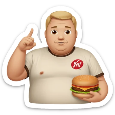 A very fat guy in an Alex Zero T-shirt, holding burgers, giving likes and dislikes, and pointing at KFC. sticker