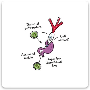 Anatomical diagram of anti-diabetic mechanism: purple pancreas releasing blue insulin molecules, red blood vessels with yellow glucose particles, green cell receptors accepting insulin. Hand-drawn illustration showing glucose regulation with arrows indicating reduced blood sugar levels. sticker
