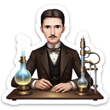 Nikola Tesla – Cinematic Realistic Portrait of Nikola Tesla, depicted as a visionary inventor with intense, thoughtful eyes and period attire, surrounded by subtle arcs of electric light and early laboratory apparatus, rendered with dramatic lighting that evokes mystery and innovation. sticker