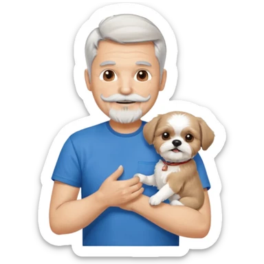 handsome gentleman, 60 years old, short silver hair, beard/moustache, wearing a blue t-shirt, smiling and holding a shih tzu sticker