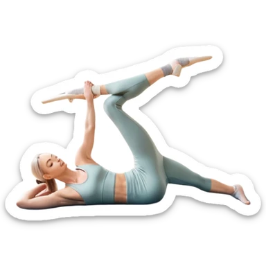 A person performing a Pilates exercise on a mat in a clean, modern studio. The focus is on core strength and flexibility, with a neutral, calming color palette. Simple equipment like a reformer machine and a soft, tranquil background enhance the feeling of controlled movement and focus. sticker