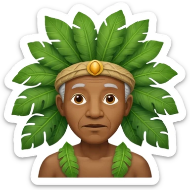 a old black man with jungle wearing a large leaf headgear bye  sticker