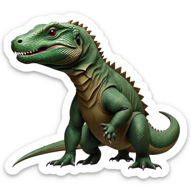 cinematic-komodo-dragon-realistic-full-body-standing on all fours-emoji,-massive-scaled-body-poised-with-quiet-power,-rough-textured-skin-dark-green-and-dark brown, black,-head-tilted-dramatically,-long-forked-tongue-flicking-out,-simplified-yet-realistic-focused-features,-highly-detailed,-glowing-with-an-almost-sarcastic-glow

 sticker