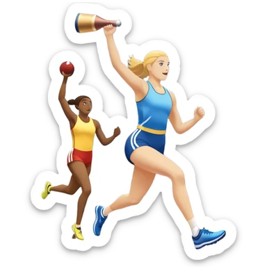 An icon featuring a collage of track and field equipment: a javelin, shot put, discus, high jump bar, and running shoes. The background shows a lively stadium with cheering fans, bright lights, and a clear sky, symbolizing the diversity of athletics. Transparent background emphasizes the sport. sticker