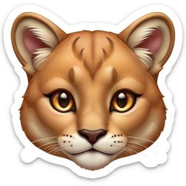 Cinematic Cute Cougar Portrait Emoji, Head tilted playfully and inquisitively, featuring a glossy, tawny Fur with delicate dark markings and round, sparkling amber eyes filled with curious mischief, Simplified yet irresistibly adorable features, highly detailed, glowing with a warm, friendly glow, high shine, affectionate and agile, stylized with a touch of wilderness whimsy, bright and endearing, soft glowing outline, capturing the essence of a mischievous yet loving cougar, so playful it feels like it could prowl out of the screen and into your arms! sticker