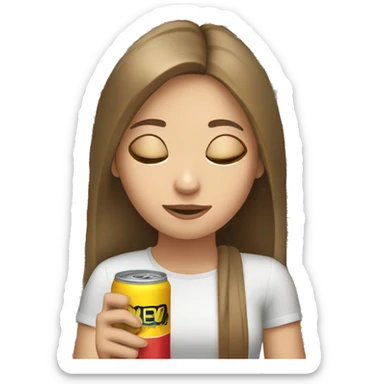 White, brown haired Girl with an energy drink in her hand and closed eyes sticker
