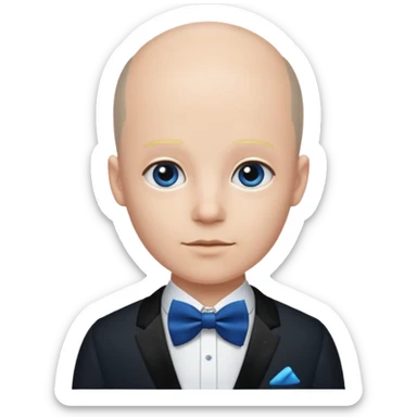 semi Bald with blue bow tie, midnight balck dress, age. sticker
