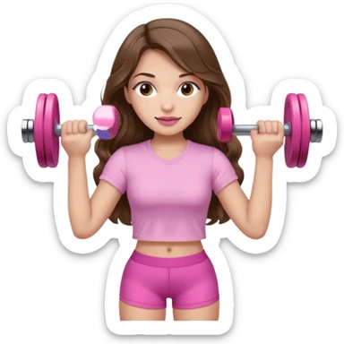 girl with wavy long brown hair, brown eyes, light to medium complexion, long lashes, light pink lipstick, wearing light pink shirt, lifting a pink dumbbells in a shorts top sticker