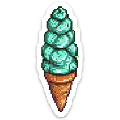 mint ice cream cone with rounded cone, light green ice cream scoop, mint details, pixel art style sticker