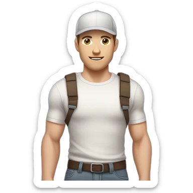 Pale skinned fit Man with dark brown hair in a light gray cap, dark brown jeans, brown polo and white T-shirt keeping a pasted with tape white box into his hands sticker