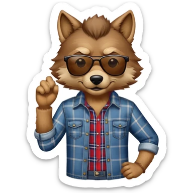 head and shoulders friendly brown-furred anthropomorphised wolf in plaid shirt and jeans, wearing dark sunglasses, upright pose sticker