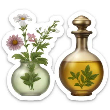 Two Antique oil perfume bottles with herbal and flowers sticker