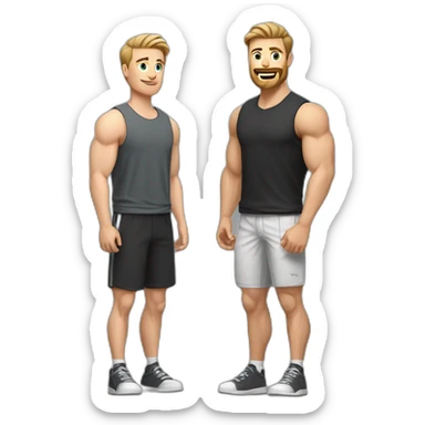 Full height Actively gesturing with hands Pale skinned Fit Man With the biceps and light brown hair with Bristle in dark gray Sleeveless Mike, black oversize sports shorts and white Sneakers sticker