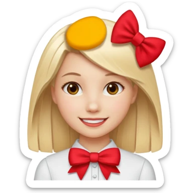["Fair skin female, straight blonde hair, small red bow clip."] sticker