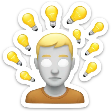 Create an emoji of a person deep in thought, with a pondering expression, as if working on an idea. Small light bulbs float around the head, symbolizing brainstorming and the emergence of creative thoughts. sticker