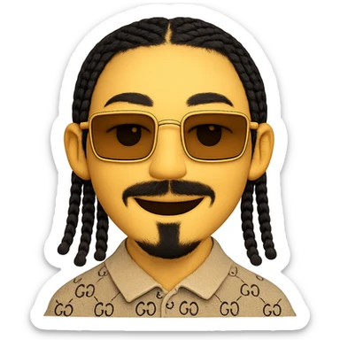 emoji of a smiley with a thin face, slightly lighter skin tone, beard only on the chin (no hair under the lower lip), mustache only above the upper lip, very detailed black braided hair, rectangular golden sunglasses, beige top with GG pattern and visible collar, transparent background, faithful details to reference photos sticker