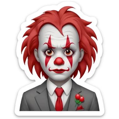 No wig, but long messy brown hair.

White face paint with red clown makeup and a red nose.

Wearing a gray suit with a tie.

Expression is sad and serious, resembling a clown with a more human-like look. sticker
