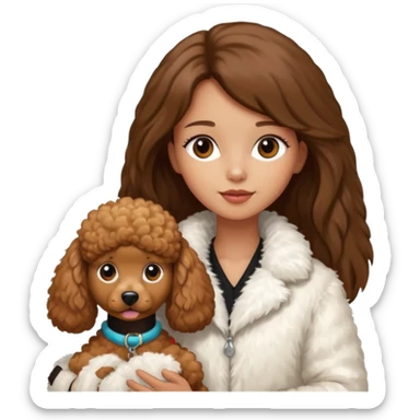 A girl with a long brown straight hair and wearing a fur white jacket holds a brown poodle sticker