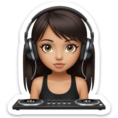 generate a pretty bratz girl in black cami top, dark brown straight long hair with bangs, eyeliner on, djing sticker