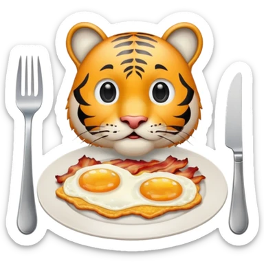 Tiger sitting by a table with a plate of 2 eggs and bacon in front of him on the table place setting sticker